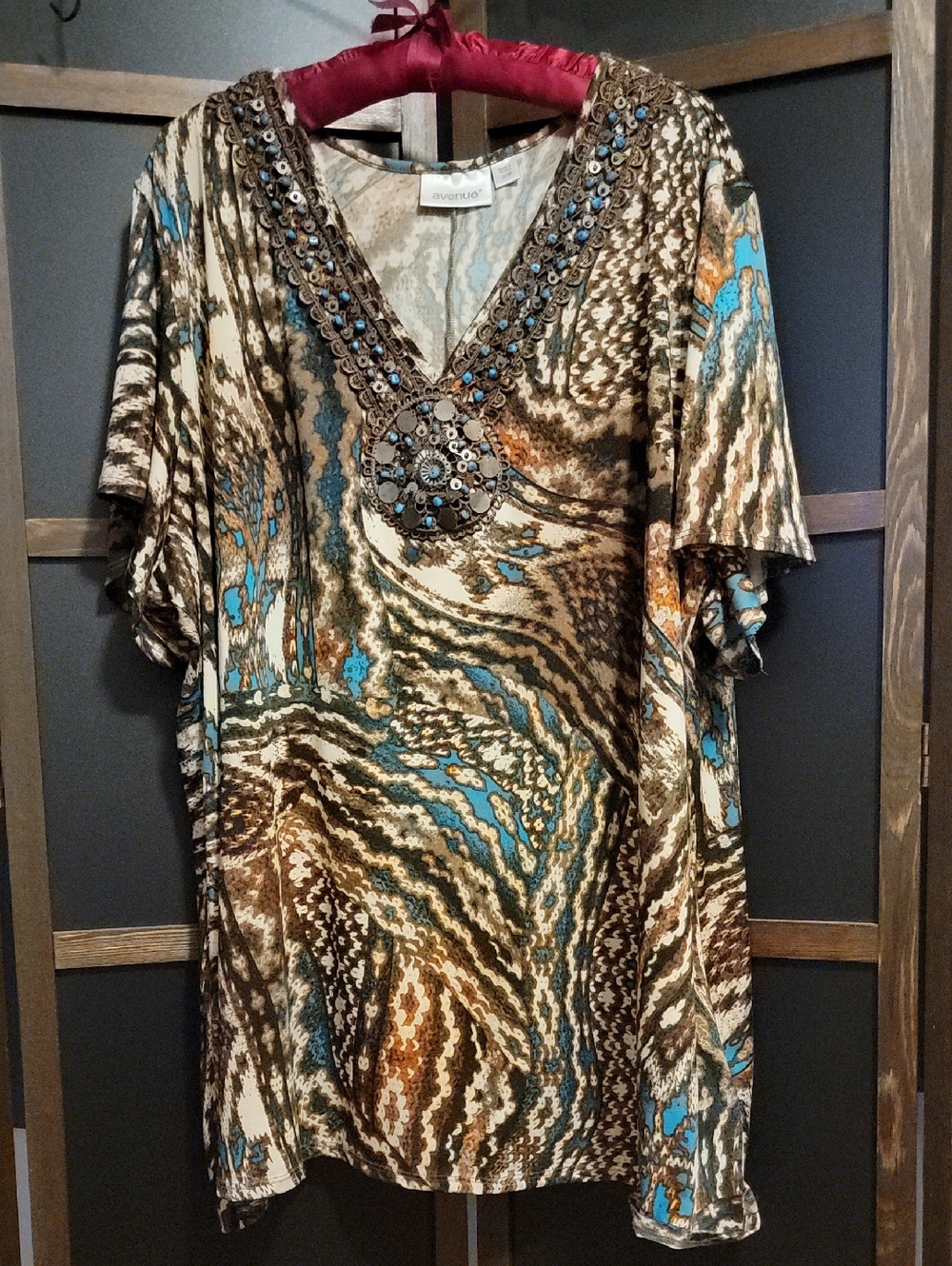 Avenue Brown and Turquoise Abstract Print Top